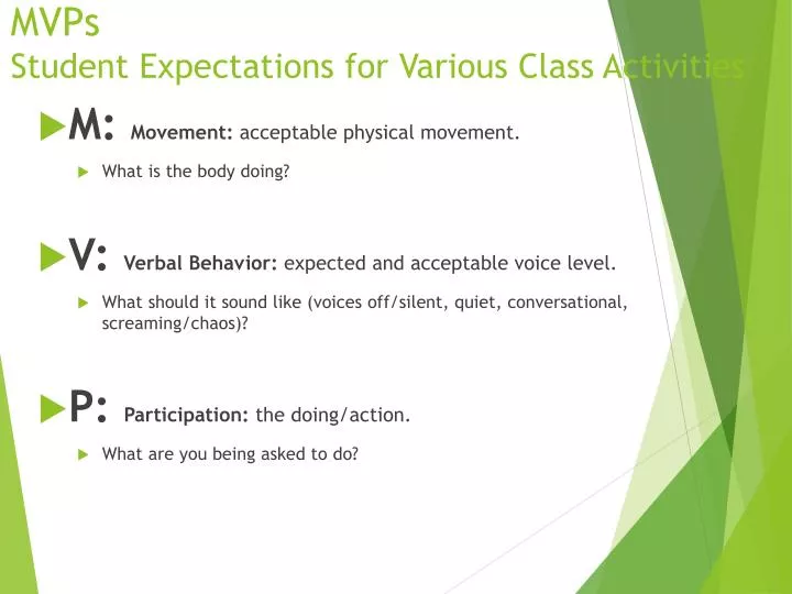 mvps student expectations for various class activities