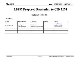 LB187 Proposed Resolution to CID 5274