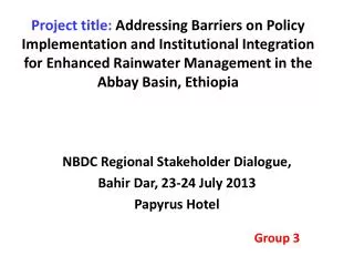 NBDC Regional Stakeholder Dialogue, Bahir Dar, 23-24 July 2013 Papyrus Hotel
