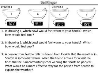 In drawing 1, which bowl would feel warm to your hands? Which bowl would feel cool?