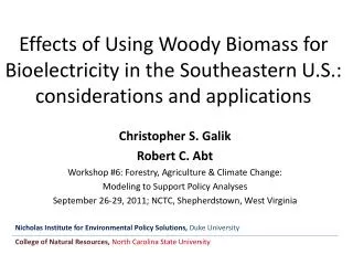 Christopher S. Galik Robert C. Abt Workshop #6: Forestry, Agriculture &amp; Climate Change: