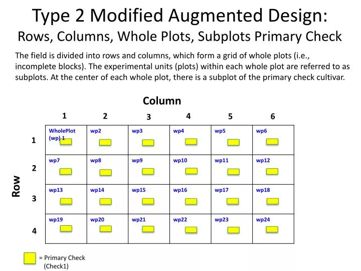 type 2 modified augmented design rows columns whole plots subplots primary check
