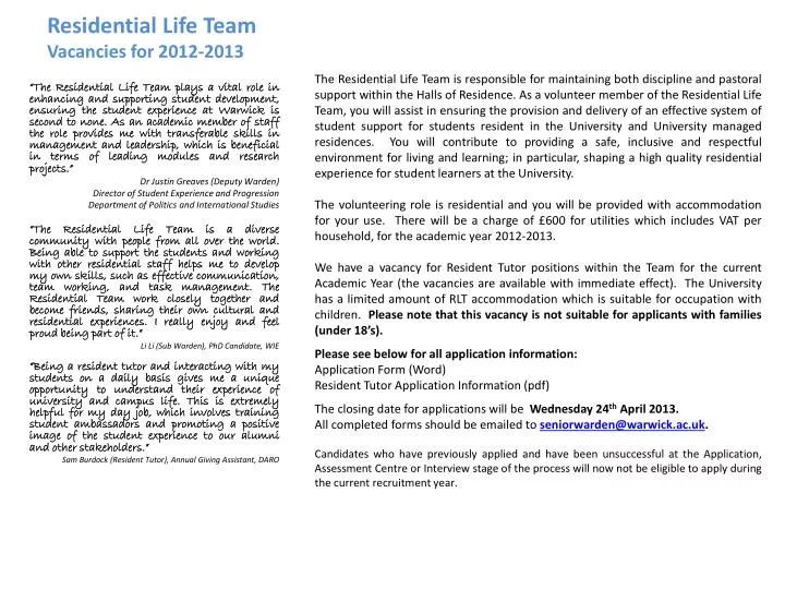 residential life team vacancies for 2012 2013