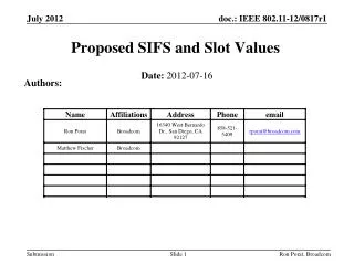 Proposed SIFS and Slot Values