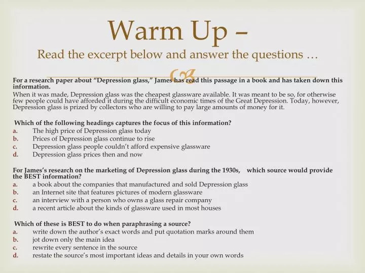 warm up read the excerpt below and answer the questions