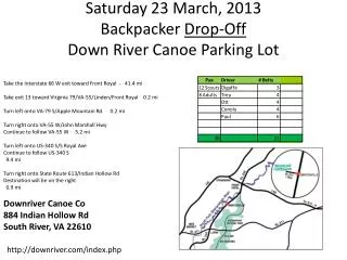Saturday 23 March, 2013 Backpacker Drop-Off Down River Canoe Parking Lot
