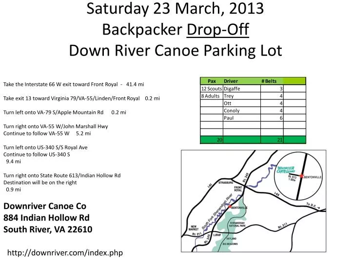saturday 23 march 2013 backpacker drop off down river canoe parking lot
