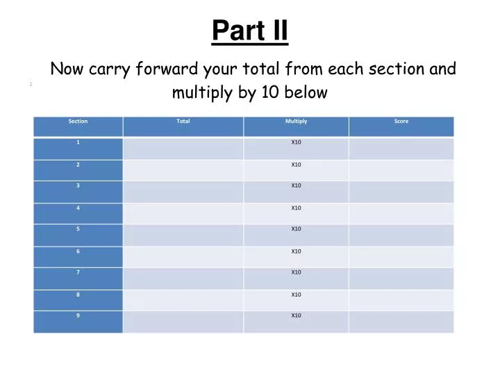 part ii now carry forward your total from each section and multiply by 10 below