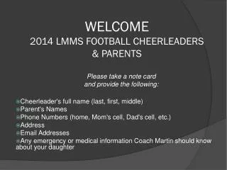 WELCOME 2014 LMMS FOOTBALL CHEERLEADERS &amp; PARENTS