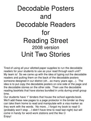 Decodable Posters and Decodable Readers for Reading Street 2008 version Unit Two Stories