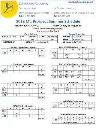 2013 Mt. Prospect Summer Schedule