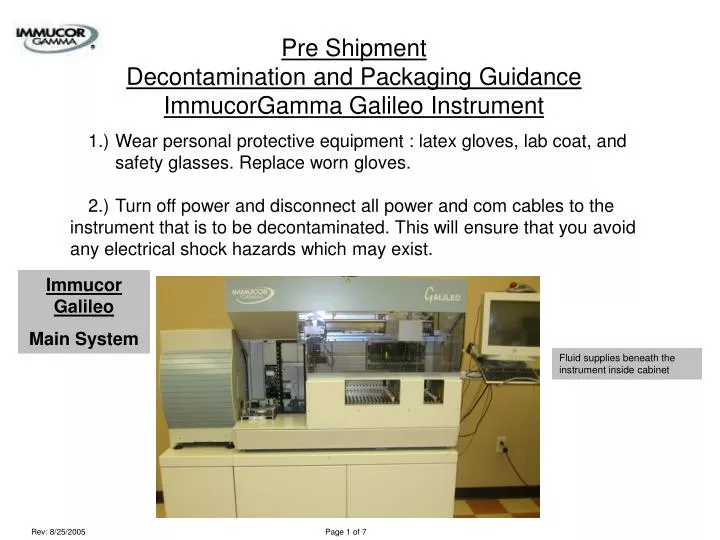 pre shipment decontamination and packaging guidance immucorgamma galileo instrument