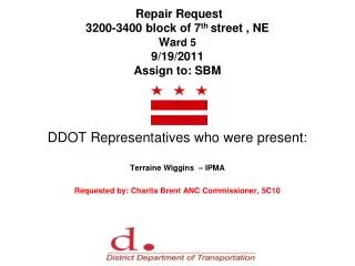 Repair Request 3200-3400 block of 7 th street , NE Wa rd 5 9/19/2011 Assign to: SBM
