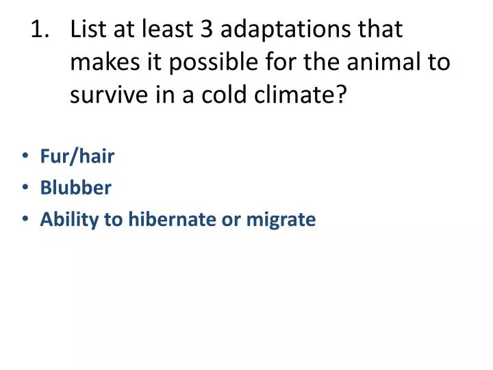 list at least 3 adaptations that makes it possible for the animal to survive in a cold climate