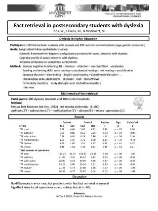 Fact retrieval in postsecondary students with dyslexia Tops, W., Callens, M., &amp; Brysbaert, M.