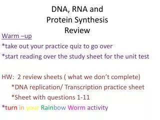 DNA, RNA and Protein Synthesis Review