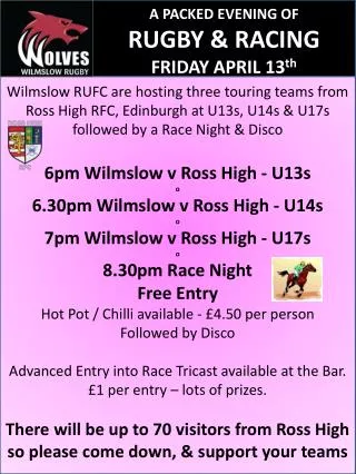 A PACKED EVENING OF RUGBY &amp; RACING FRIDAY APRIL 13 th