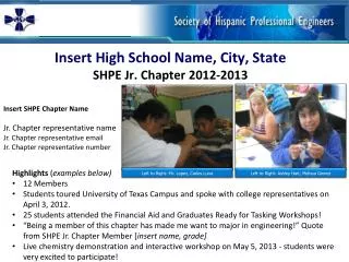 Insert High School Name, City, State SHPE Jr. Chapter 2012-2013