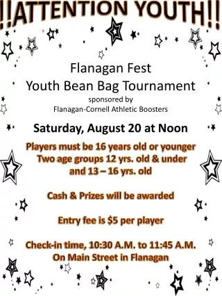 Flanagan Fest Youth Bean Bag Tournament sponsored by Flanagan-Cornell Athletic Boosters