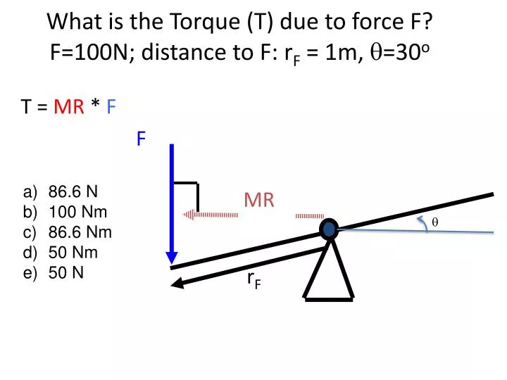 what is the torque t due to force f f 100n distance to f r f 1m q 30 o