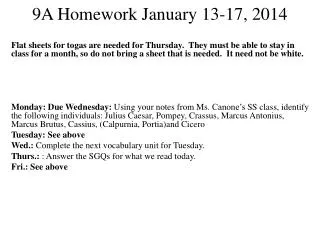 9A Homework January 13-17, 2014