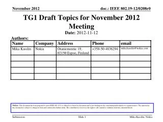 TG1 Draft Topics for November 2012 Meeting