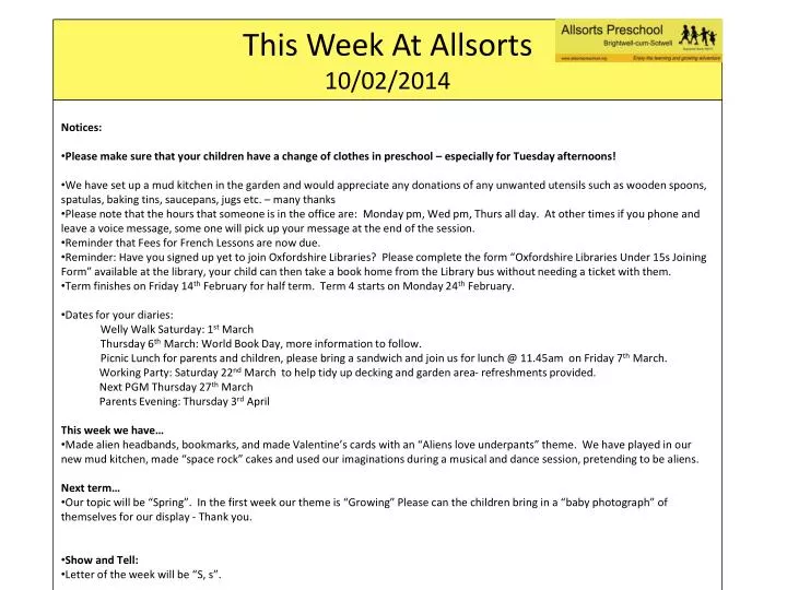 this week at allsorts 10 02 2014