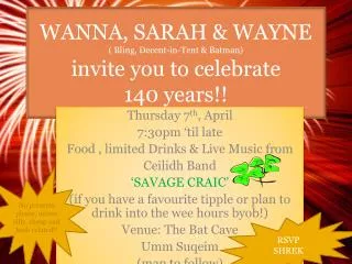 WANNA, SARAH &amp; WAYNE ( Bling, Decent-in-Tent &amp; Batman) invite you to celebrate 140 years!!