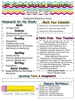 4 th Grade Weekly Newsletter