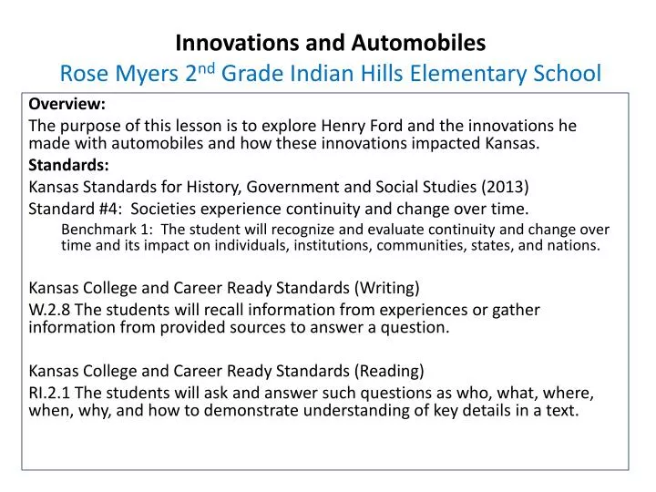 innovations and automobiles rose myers 2 nd grade indian hills elementary school