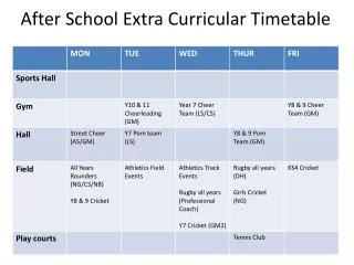 After School Extra Curricular Timetable