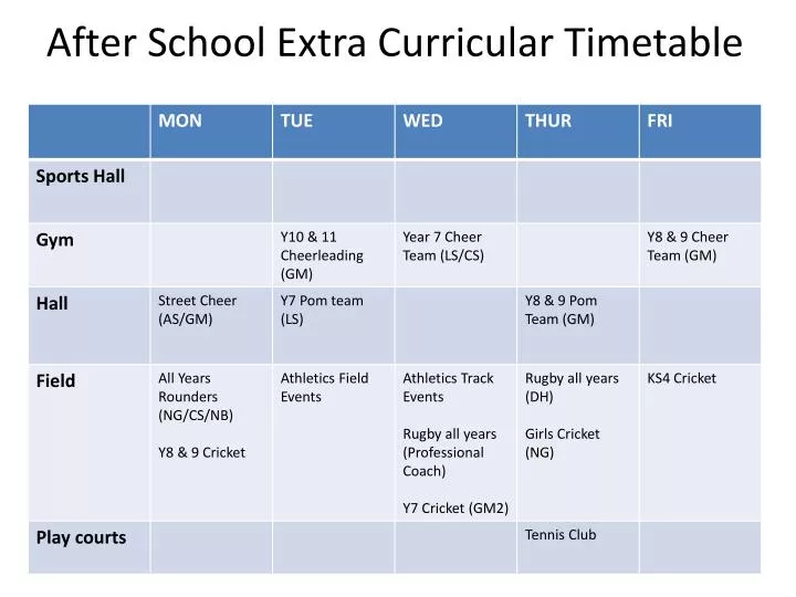 after school extra curricular timetable