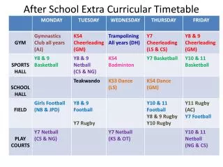 After School Extra Curricular Timetable