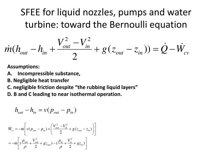 sfee for liquid nozzles pumps and water turbine toward the bernoulli equation
