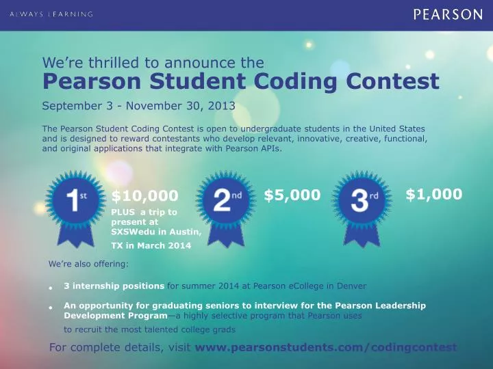 we re thrilled to announce the pearson student coding contest september 3 november 30 2013