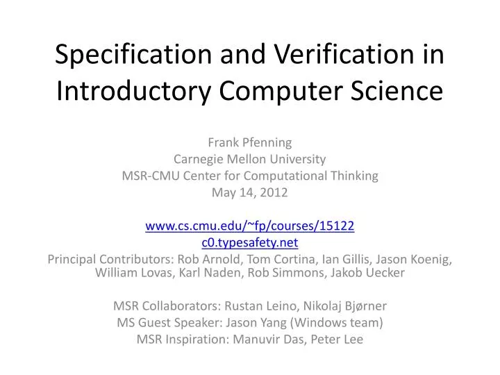 specification and verification in introductory computer science