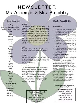 NEWSLETTER Ms. Anderson &amp; Mrs. Brumblay