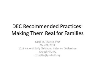 DEC Recommended Practices: Making Them Real for Families