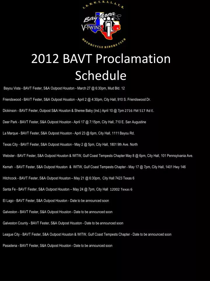 2012 bavt proclamation schedule