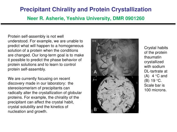 precipitant chirality and protein crystallization neer r asherie yeshiva university dmr 0901260