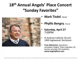 18 th Annual Angels’ Place Concert “Sunday Favorites”
