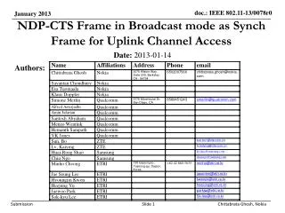 NDP-CTS Frame in Broadcast mode as Synch Frame for Uplink Channel Access