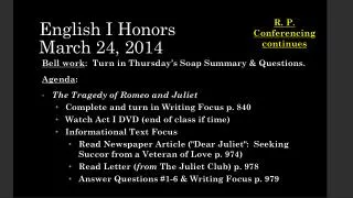 English I Honors March 24, 2014