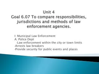 I: Municipal Law Enforcement A: Police Dept Law enforcement within the city or town limits