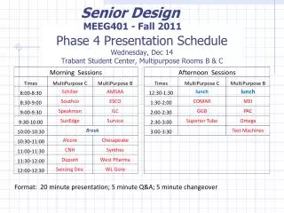 Phase 4 Presentation Schedule Wednesday, Dec 14 Trabant Student Center, Multipurpose Rooms B &amp; C