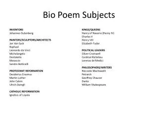 Bio Poem Subjects