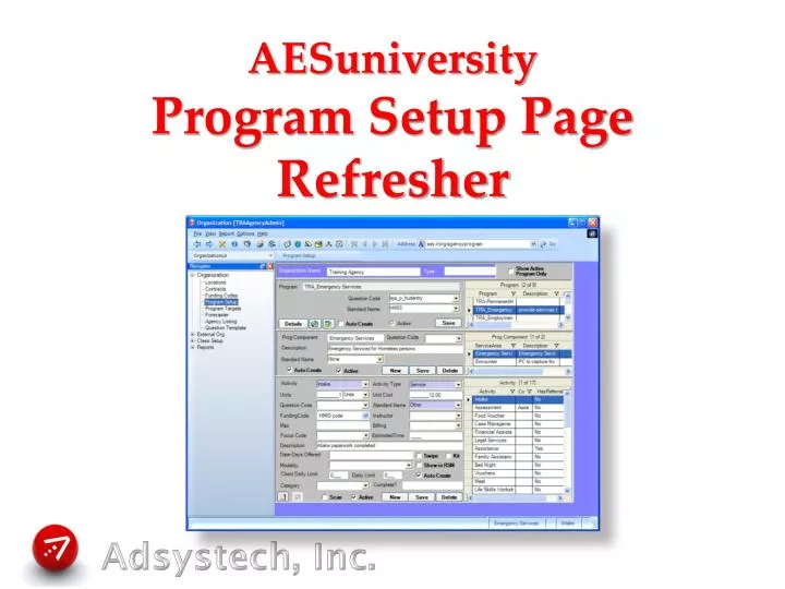 aesuniversity program setup page refresher