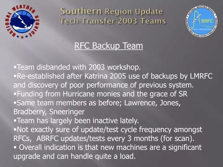 southern region update tech transfer 2003 teams
