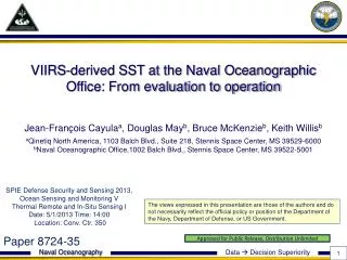 VIIRS-derived SST at the Naval Oceanographic Office: From evaluation to operation