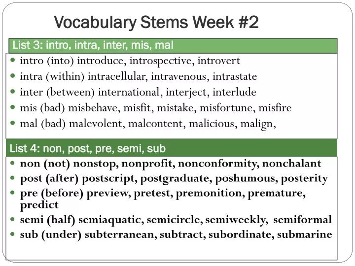 vocabulary stems week 2